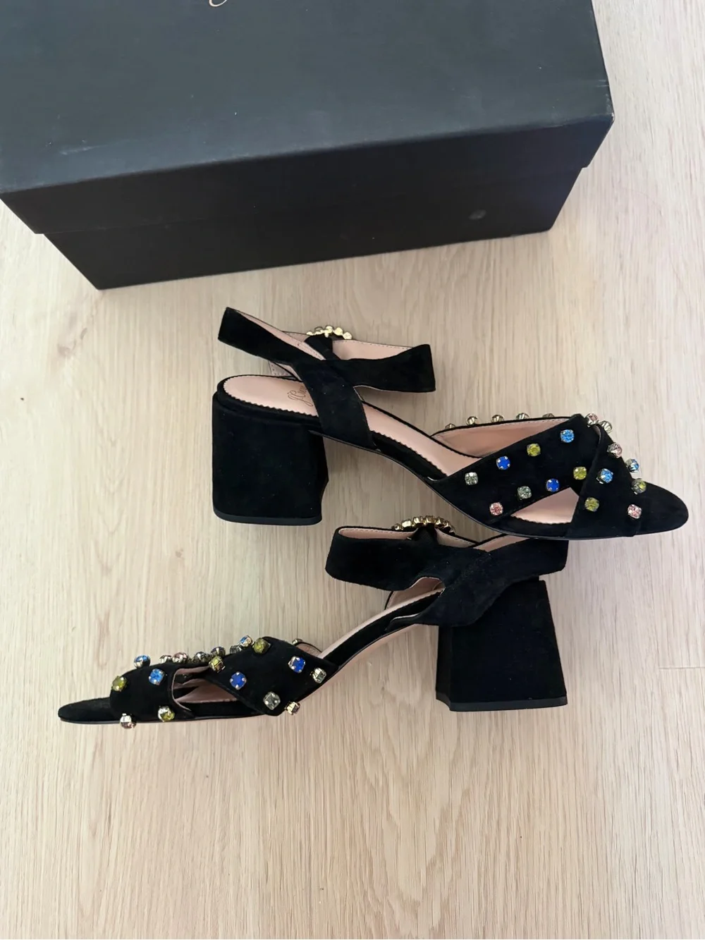 J. Crew Black Suede Jeweled Strap block heel 38.5